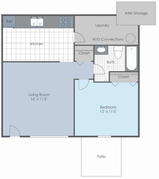 One bedroom, one bath 2 dimensional floor plan.